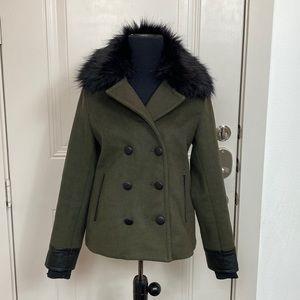 LINE KNITWEAR Olive green wool double breasted jacket with faux fur. Size S/P